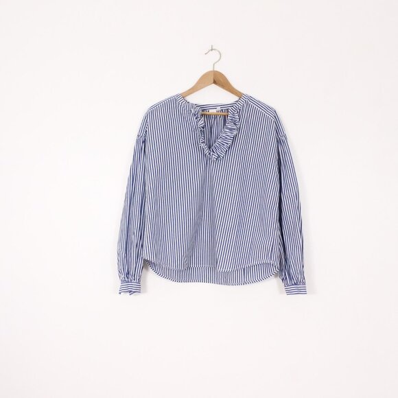 *Gap Striped Cotton Long Sleeve Stripe Ruffle V-neck Blouse - Picture 3 of 8